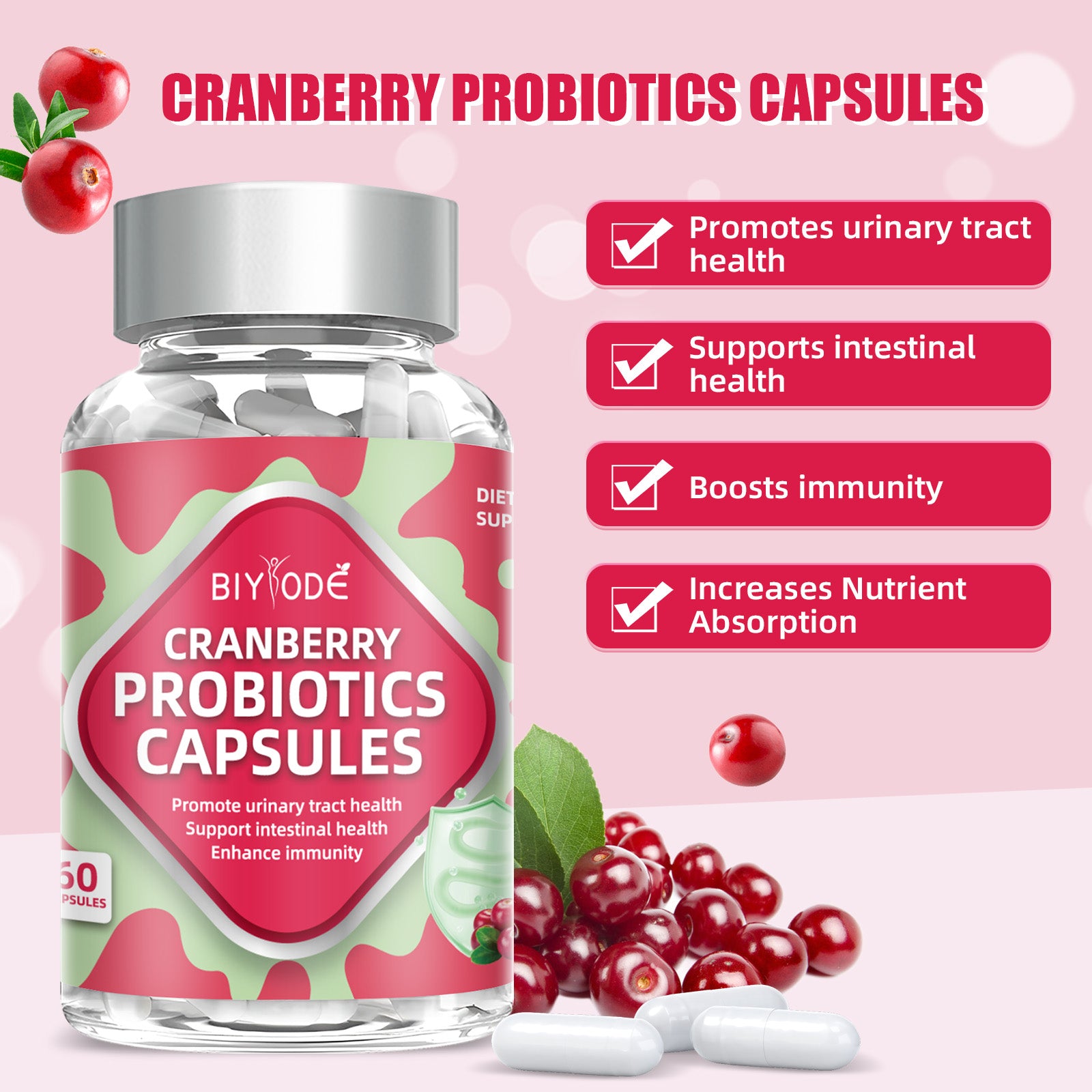 Biyode Effective Formula Ready Stock Fast Shipping Wholesale Cranberry Probiotic Capsules